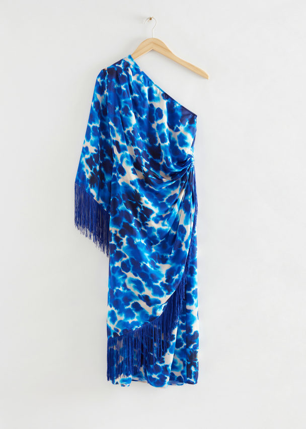 & Other Stories Loose Ayssemetric Fringed Wrap Dress Blue Patterned
