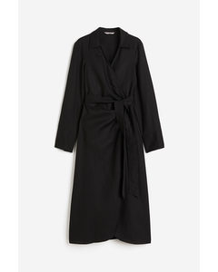 Linen-blend Wrap Dress Black