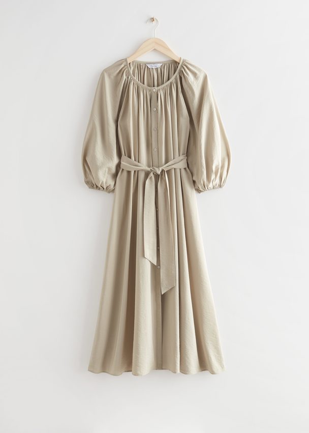 & Other Stories Belted Shell Button Midi Dress Beige