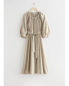 Belted Shell Button Midi Dress Beige