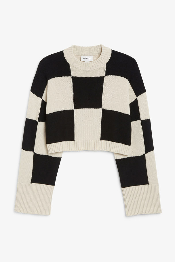 Monki Cropped Knit Checkered Sweater Black And Beige Checks
