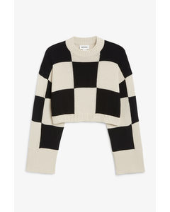 Cropped Knit Checkered Sweater Black And Beige Checks