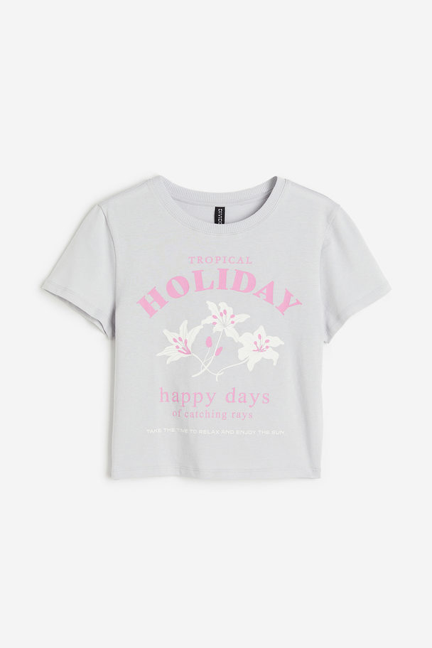 H&M Croptop Med Tryk Lysegrå/tropical Holiday
