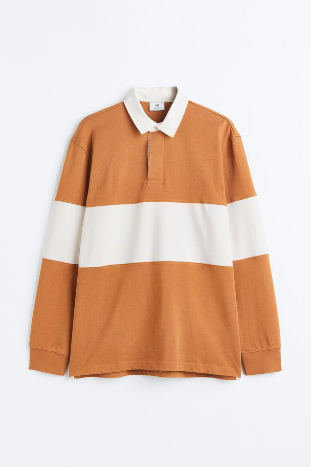 H&M Relaxed Fit Rugby Shirt Dark Beige/block-striped