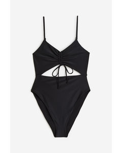 High Leg Drawstring-detail Swimsuit Black