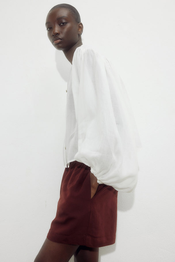 H&M Linen-blend Pull-on Shorts Dark Brown