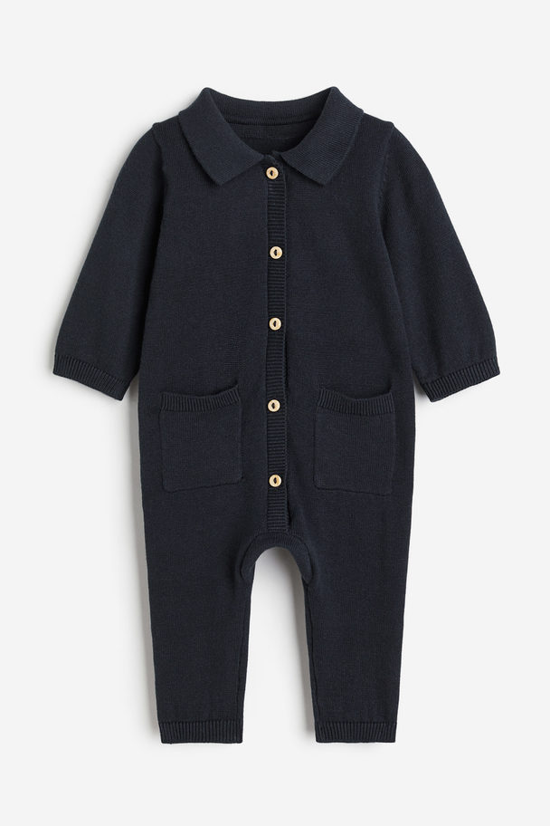 H&M Knitted Cotton Romper Suit Dark Blue