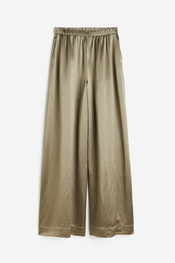 H&M Silk-blend Satin Trousers Khaki Green