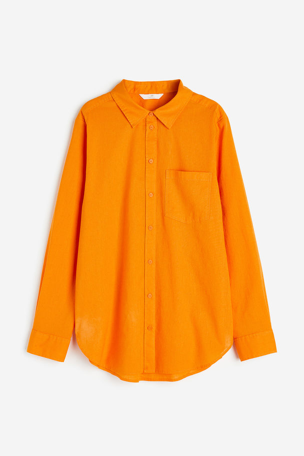 H&M Linen-blend Shirt Bright Orange