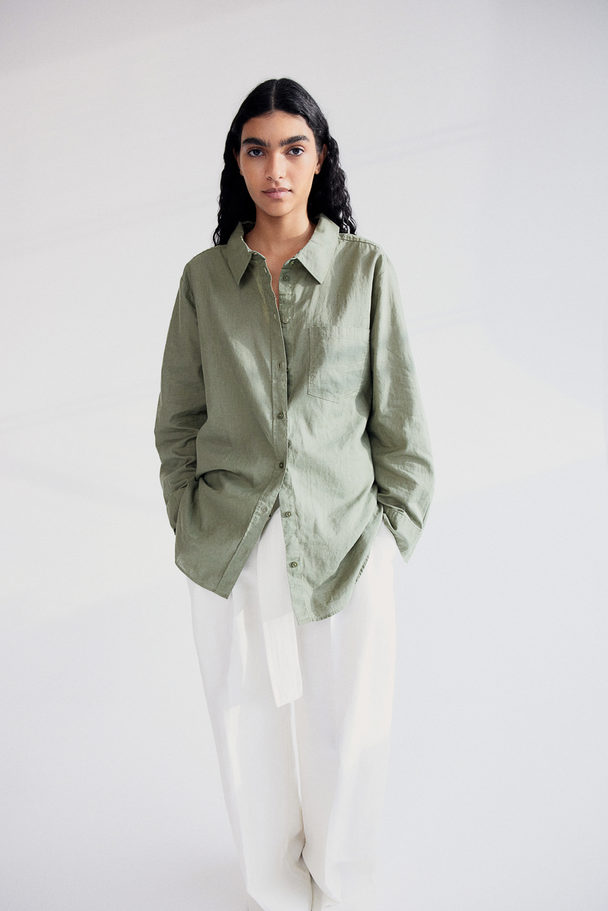 H&M Linen-blend Shirt Khaki Green