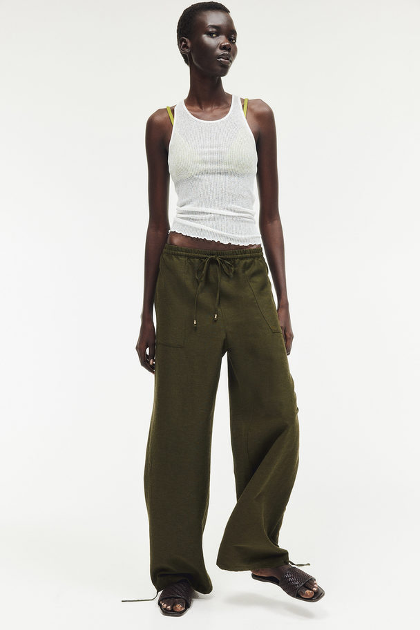 H&M Linen-blend Pull-on Trousers Dark Khaki Green