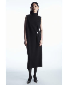 Brooch-detail Wool Turtleneck Dress Black