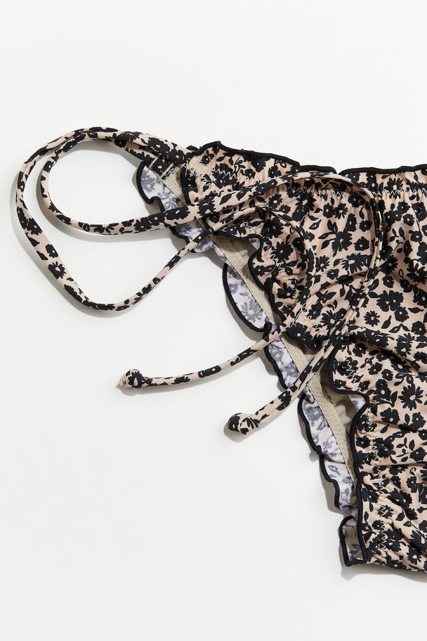 H&M Bikinitanga Met Strikbandjes - Brazilian Beige/zwarte Bloemen
