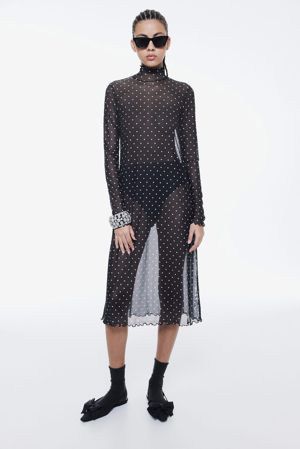 H&M Overlock-detail Mesh Bodycon Dress Black/spotted