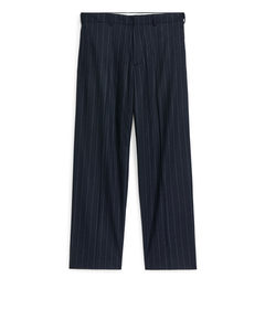 Wide Wool Blend Trousers Navy/pinstripe