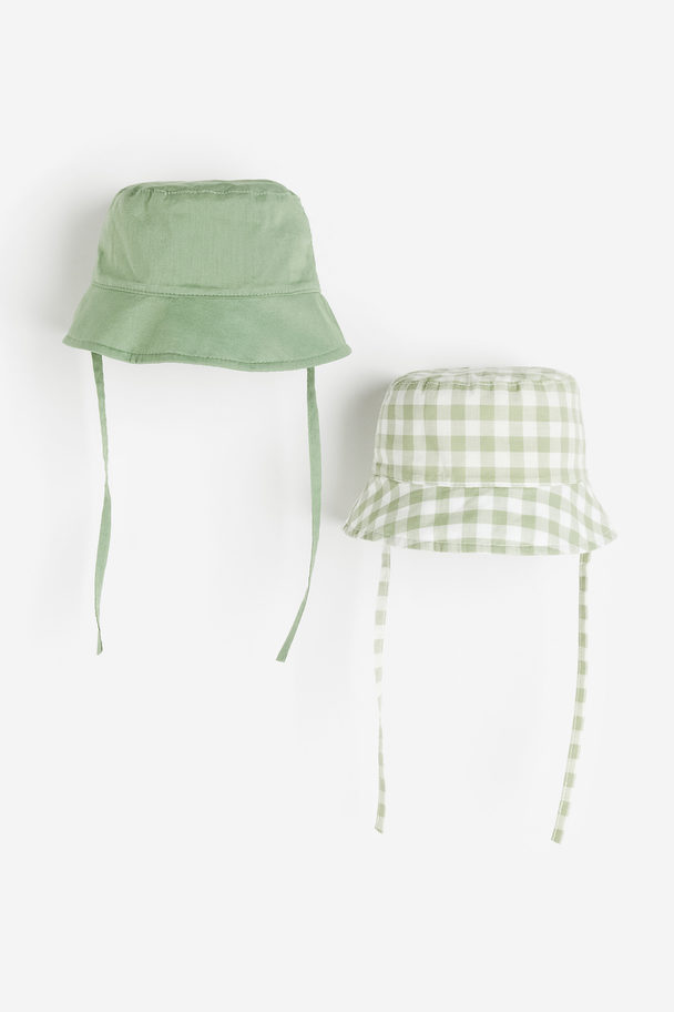 H&M 2-pack Cotton Sun Hats Light Green/checked
