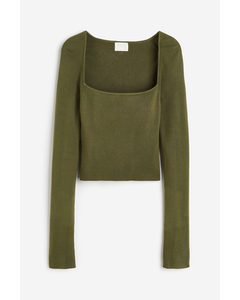 Square-neck Cropped Top Dark Khaki Green