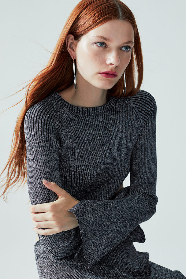 H&M Knitted Long-sleeved Top Dark Grey/silver-coloured