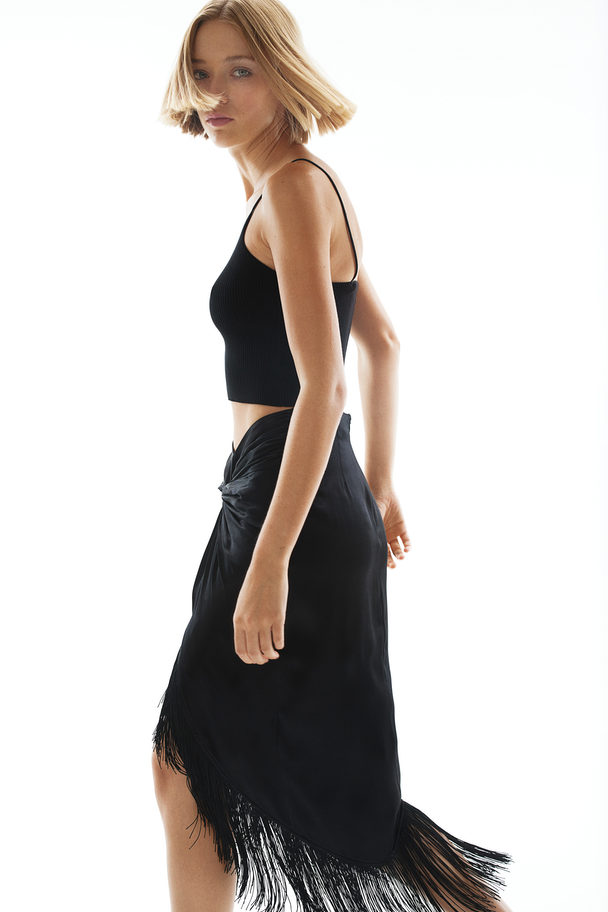 H&M Fringed Satin Skirt Black