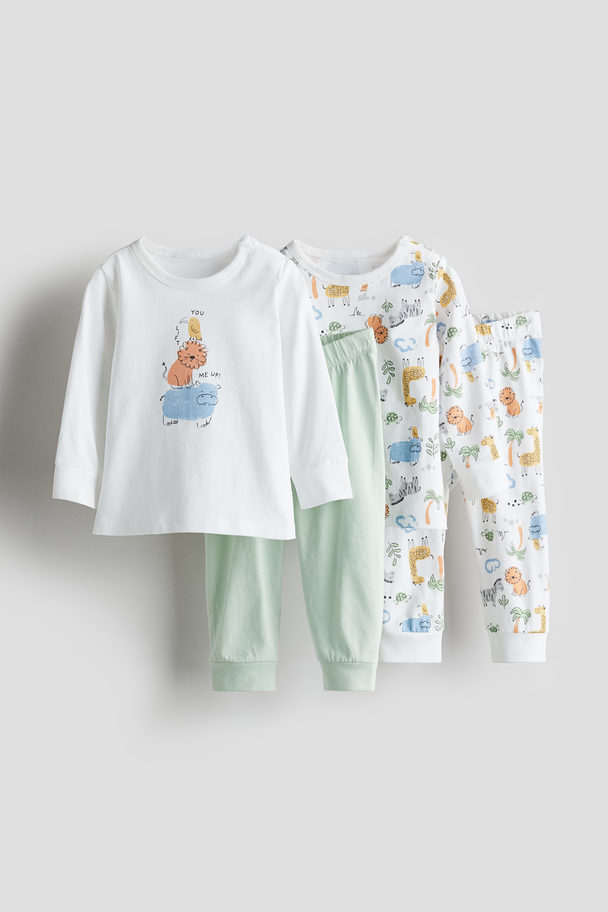 H&M 2er-Pack Baumwollschlafanzüge mit Print Weiß/Safaritiere