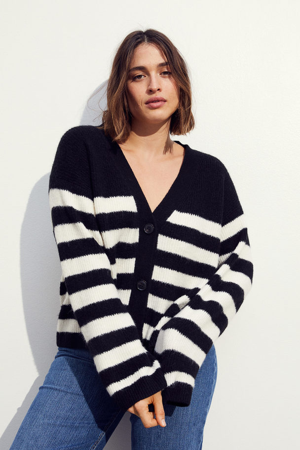 H&M Oversized Rib-knit Cardigan Black/striped