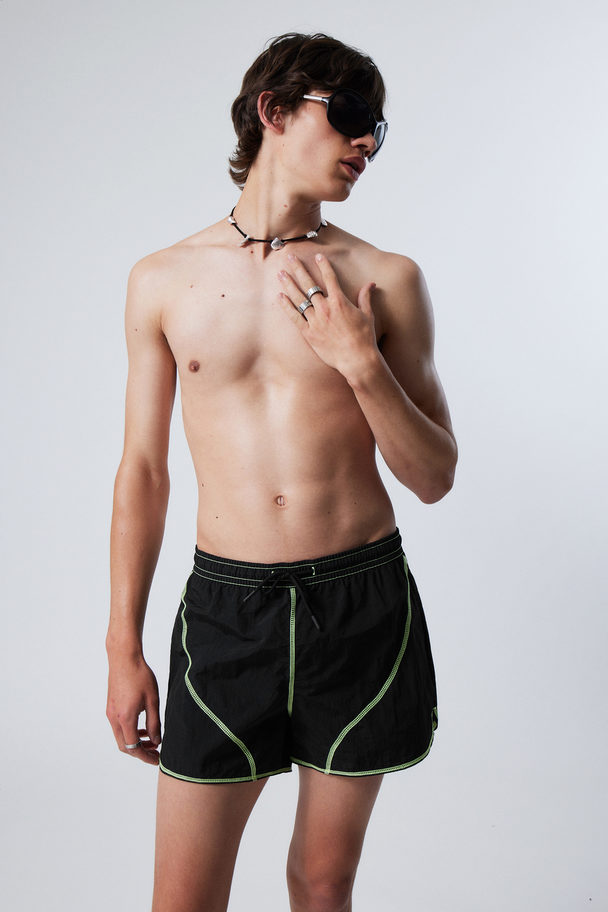 Weekday Mid-length Flat-lock Swim Shorts Black With Green Seams