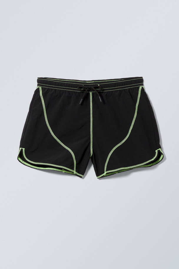 Weekday Mid-length Flat-lock Swim Shorts Black With Green Seams