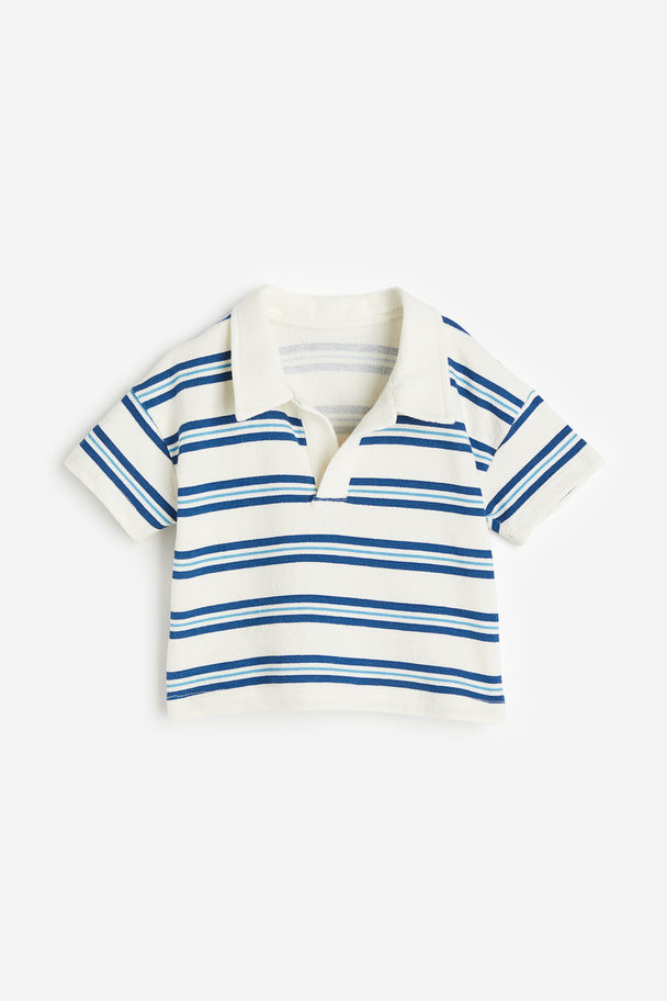 H&M Cotton Jersey Polo Shirt Natural White/striped
