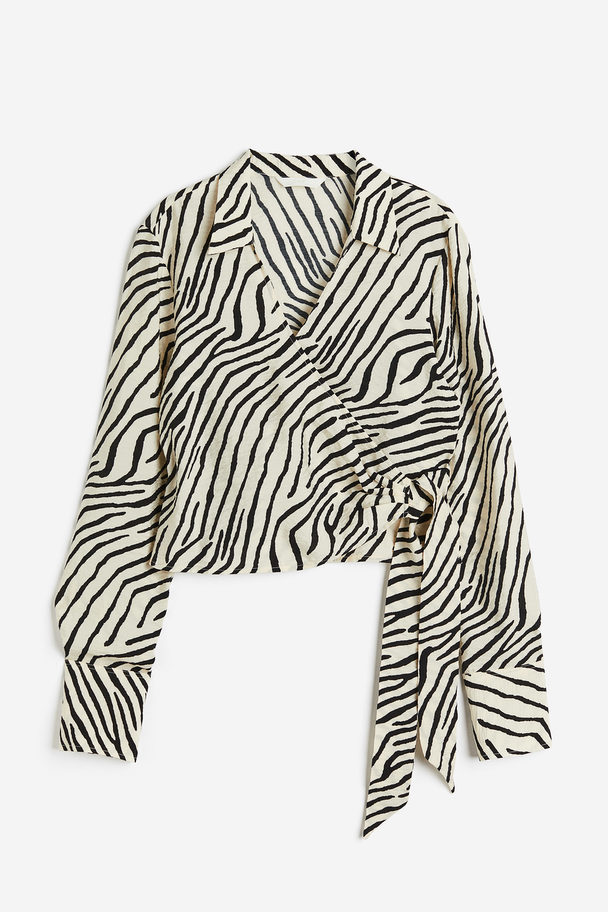 H&M Cropped Overslagblouse Lichtbeige/zebradessin