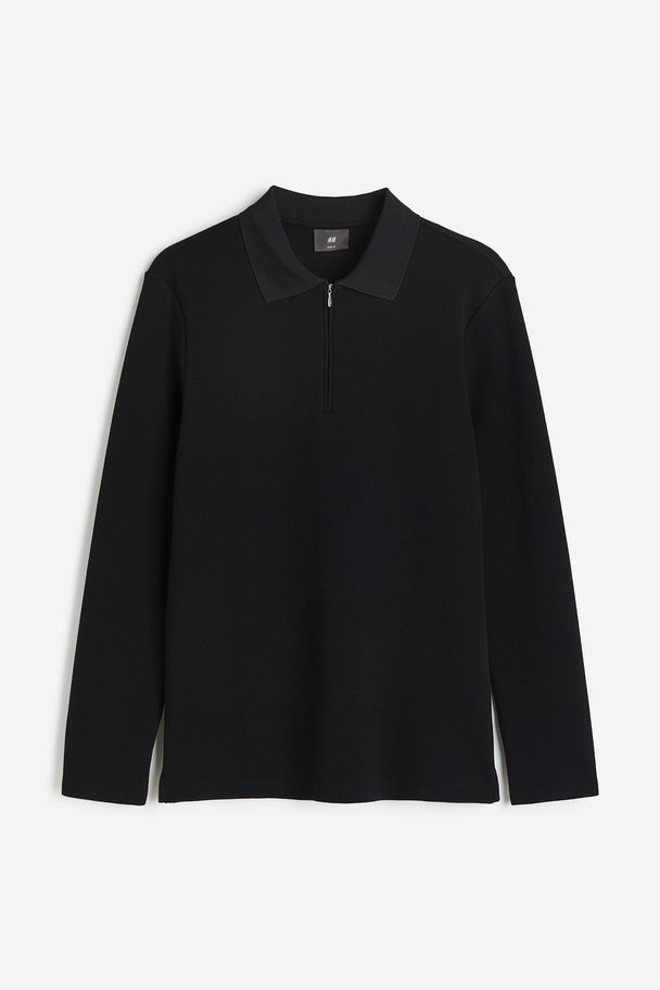 H&M Poloshirt aus Scuba mit Zipper Slim Fit Schwarz