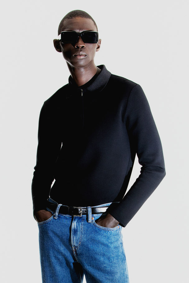 H&M Slim Fit Scuba Zip-top Polo Shirt Black
