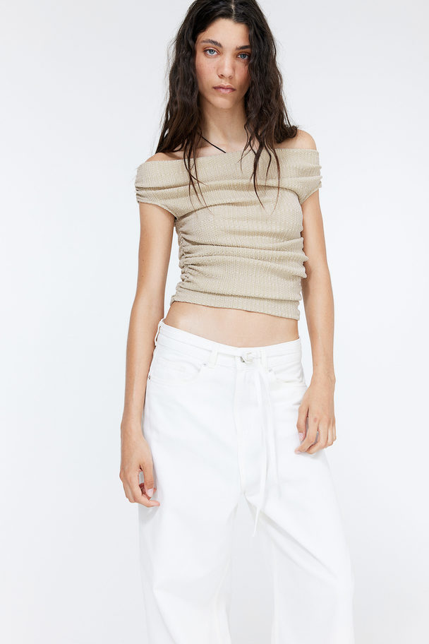 H&M Crinkled Off-the-shoulder Top Light Beige