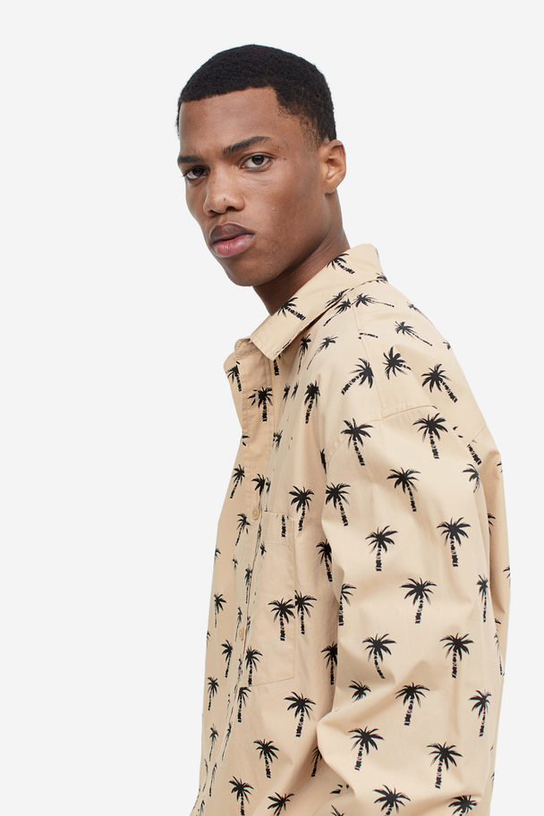 H&M Oversized Popeline Overhemd Beige/palmbomen