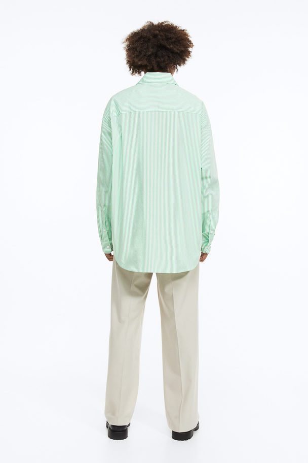 H&M Oversized Fit Poplin Shirt Light Green/striped