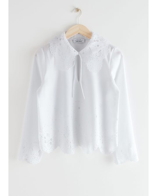 & Other Stories Wide Embroidered Scalloped Blouse White
