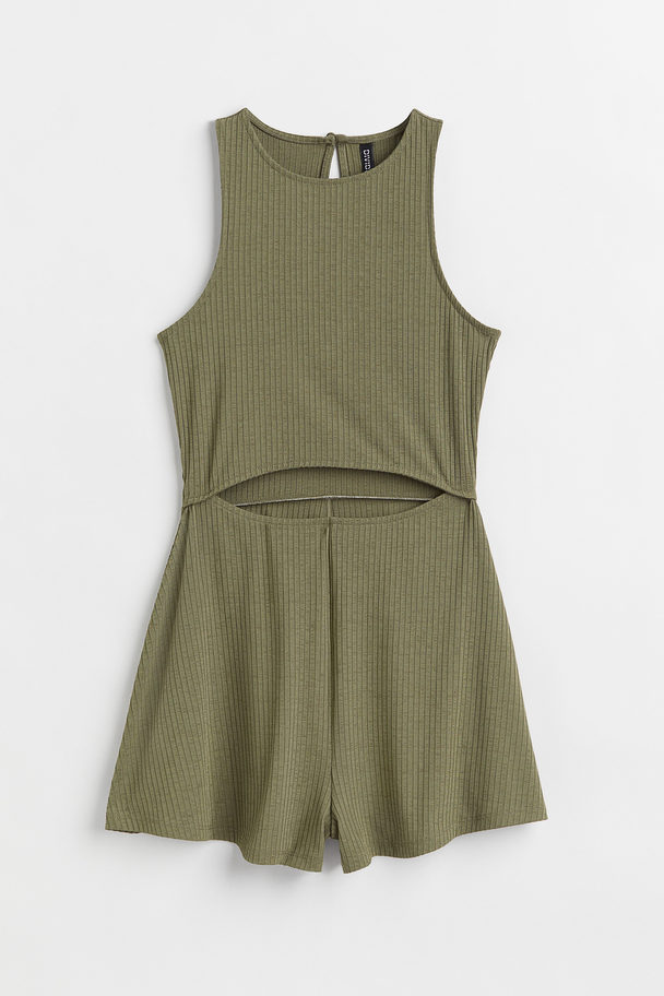 H&M Ribbed Cut-out Detail Playsuit Khaki Green