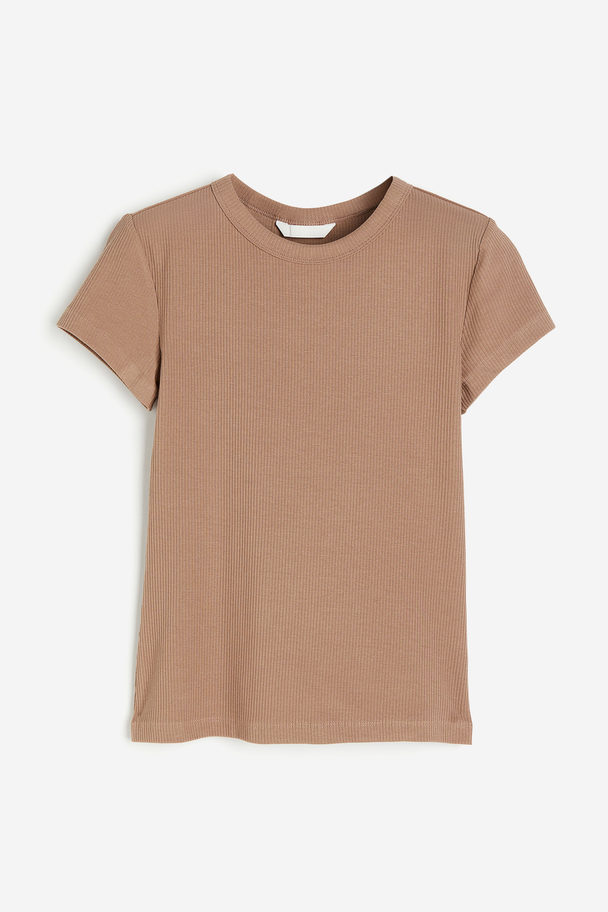 H&M Geripptes T-Shirt Dunkelbeige