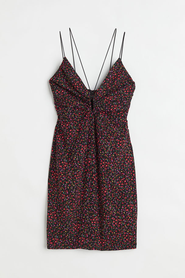 H&M V-neck Keyhole-detail Dress Black/small Flowers