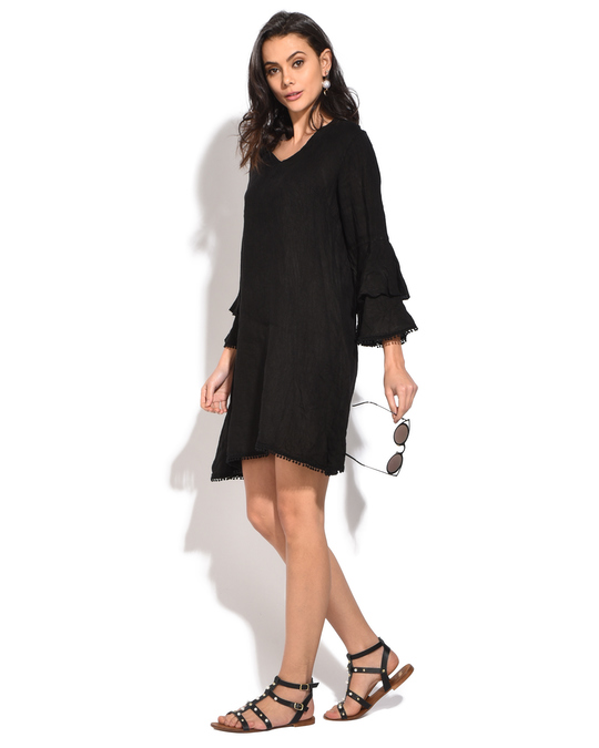 Le Jardin du Lin Short Dress With V-neck And Ruffled Double Sleeves