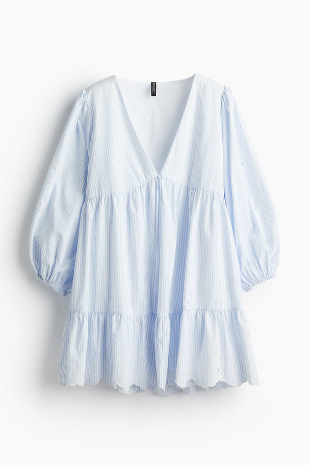 H&M Broderie Anglaise Balloon-sleeved Dress Light Blue/striped