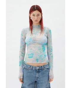 Line Printed Long Sleeve Turquoise Light Floral