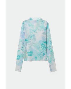 Line Printed Long Sleeve Turquoise Light Floral