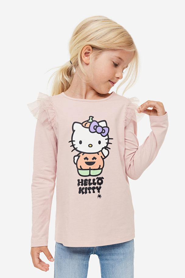 H&M Frill-trimmed Printed Top Light Pink/hello Kitty