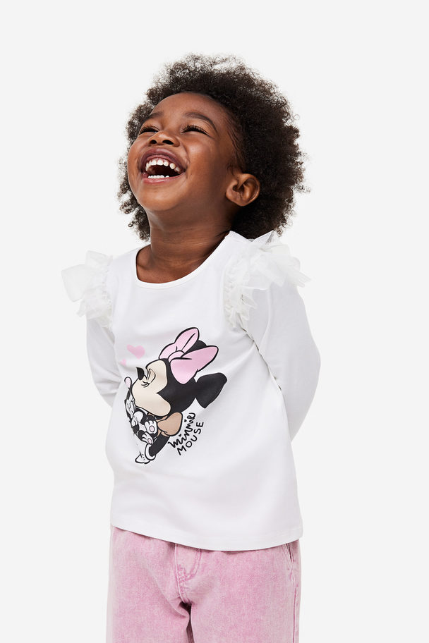 H&M Frill-trimmed Printed Top White/minnie Mouse