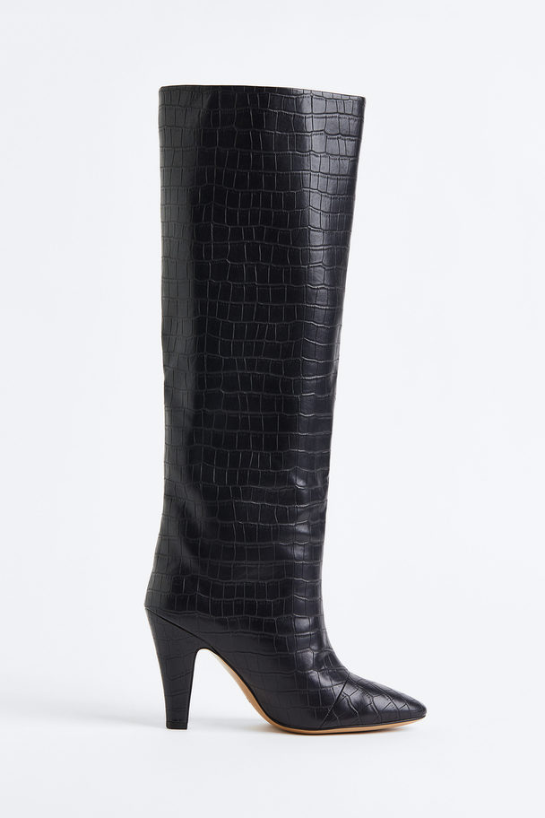 H&M Knee-high Heeled Boots Black/crocodile-patterned