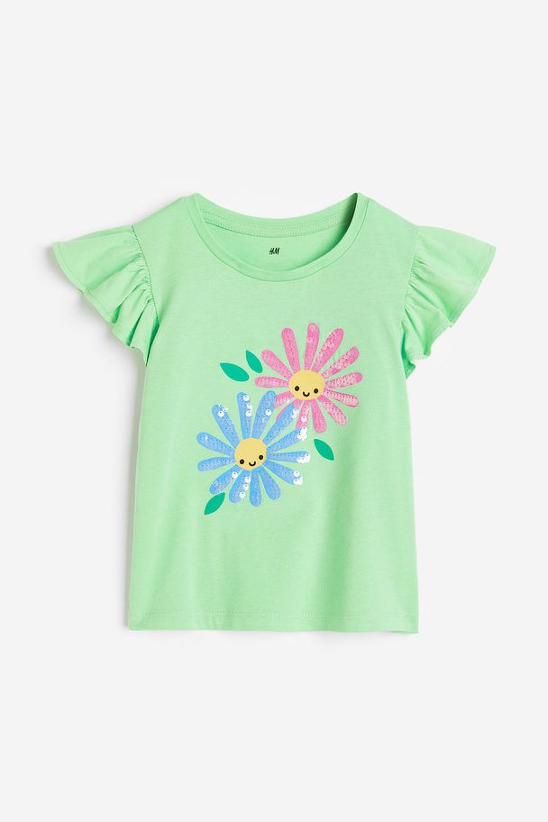H&M Shirt mit Volantärmeln und Motivdetail Hellgrün/Blumen