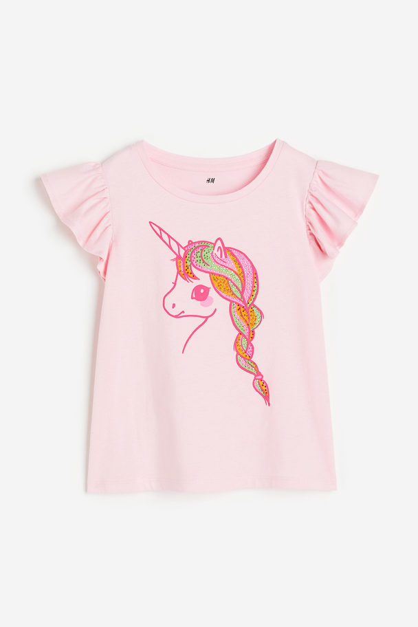 H&M Motif-detail Flutter-sleeved Top Light Pink/unicorn