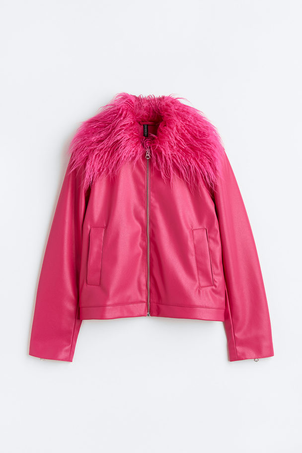 H&M Fluffy-collared Jacket Cerise