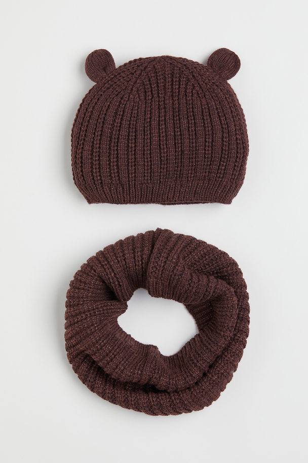 H&M 2-piece Hat And Tube Scarf Set Dark Brown