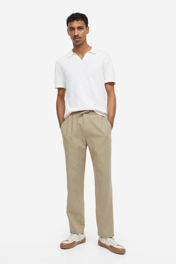 H&M Regular Fit Linen-blend Trousers Light Khaki Green